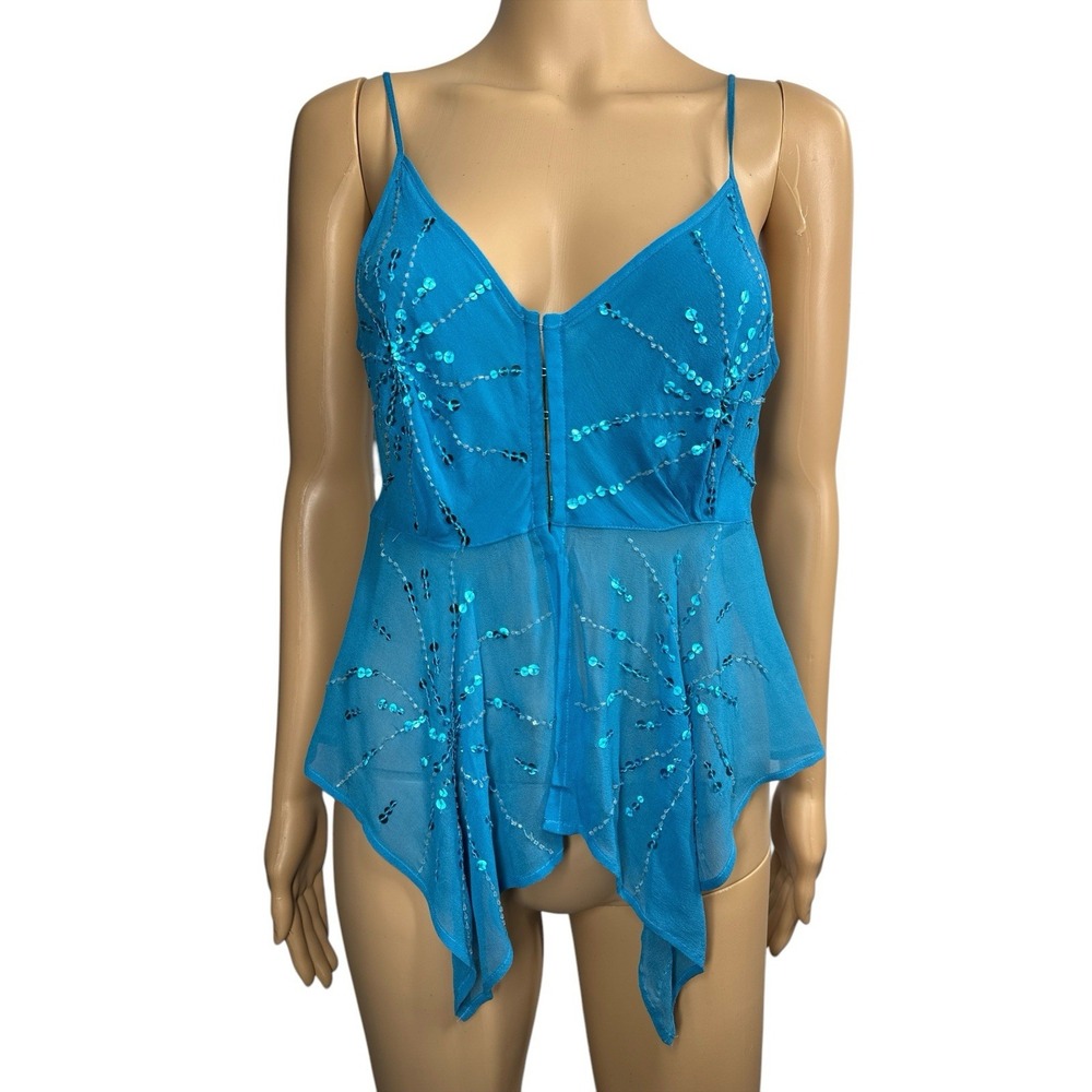 Shirley of Hollywood Sequin‎ Cami Top Sheer Blue Party Tank Size L